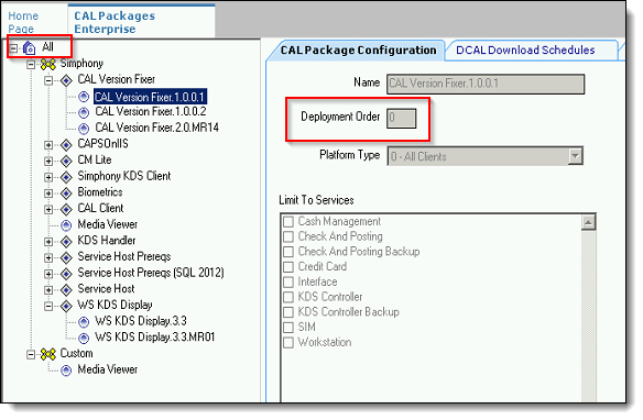 This figure shows the CAL Package Configuration tab and the grayed out Deployment Order field.