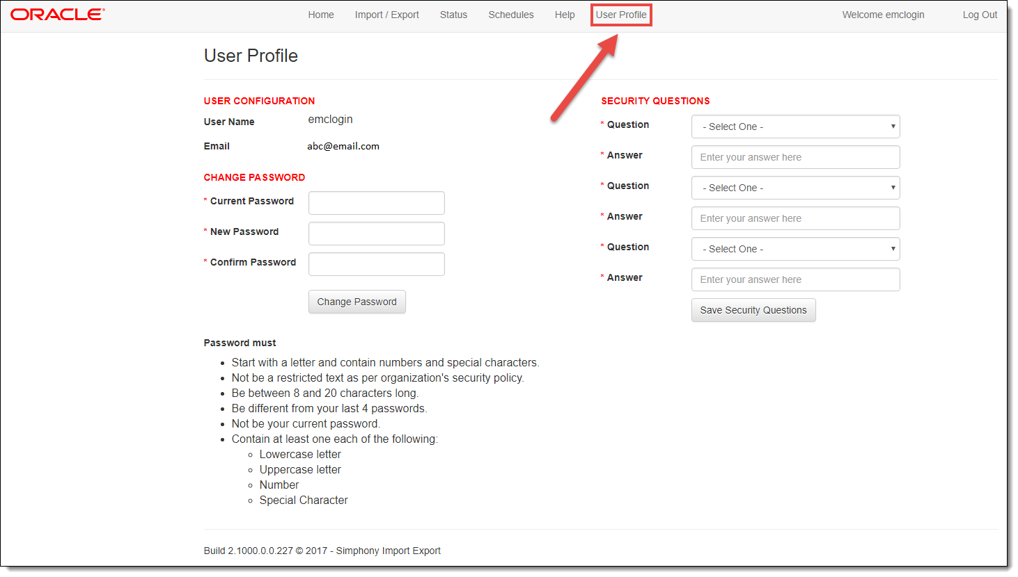 This figure shows the Simphony Web Portal page. It indicates the User Profile tab on the SWP toolbar with a red arrow.