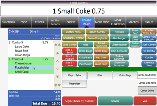 This figure shows a combo meal with a placeholder item in the check detail area.