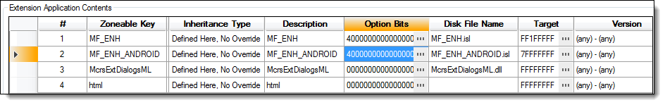 This figure shows the configuration details of the Extension Application content records.