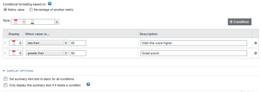 Define Conditions tab for a Summarization Bar summary item