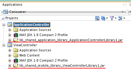 JDeveloperで「表示」→「アプリケーション・プロジェクト」メニューを選択したときに「プロジェクト」パネルに表示されるJARファイルを示します。
