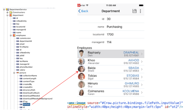 AMXページにドラッグ・アンド・ドロップされると、AMXページにイメージ・ファイルをレンダリングするfilePathプロパティを含む「データ・コントロール」パネルのビューを示します。