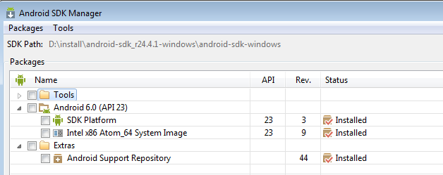 API 23用SDKプラットフォーム、システム・イメージおよびAndroid Support RepositoryがインストールされたSDK Manager。