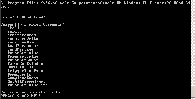 この図は、Windows VM内のコマンド・ウィンドウのスクリーンショットを示しています。 追加のパラメータなしでovmcmdを入力すると表示されるovmcmdコマンドで、サポートされているインタフェースのリストを表示します。 