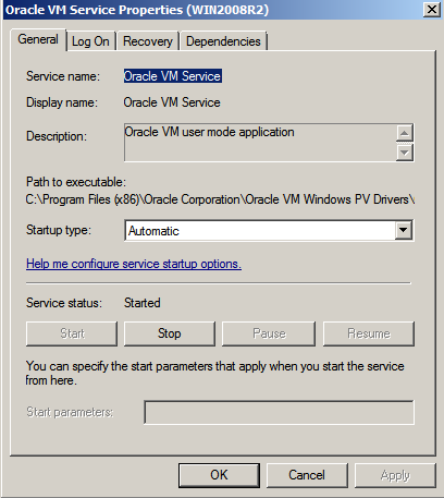 この図は、Windows VM内からのスクリーンショットを示しています。 Oracle VM Serviceのプロパティが表示され、サービスが開始済ステータスであることが示されます。 