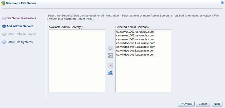 この図は、「Discover a File Server」ウィザードの「Add Admin Servers」ステップを示しています。