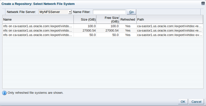 この図は、「Create a Data Repository」を示しており、「Network File System」ダイアログ・ボックスを選択します。