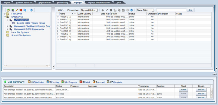 この図は、「SAN Servers」フォルダが選択されて「Physical Disks」パースペクティブが表示されている「Storage」タブを示しており、物理ディスクがリストされています。