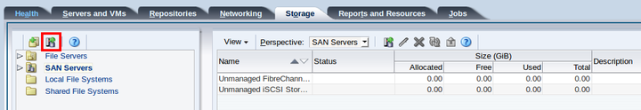 この図は、「Storage」タブの「Discover SAN Server」アイコンを示しています。