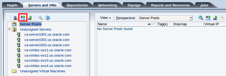 この図は、「Servers and VMs」タブの「Create Server Pool」アイコンを示しています。