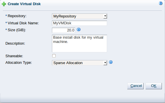 この図は、「Create Virtual Machine」ウィザードの「Create Virtual Disk」ダイアログ・ボックス・ステップを示しています。
