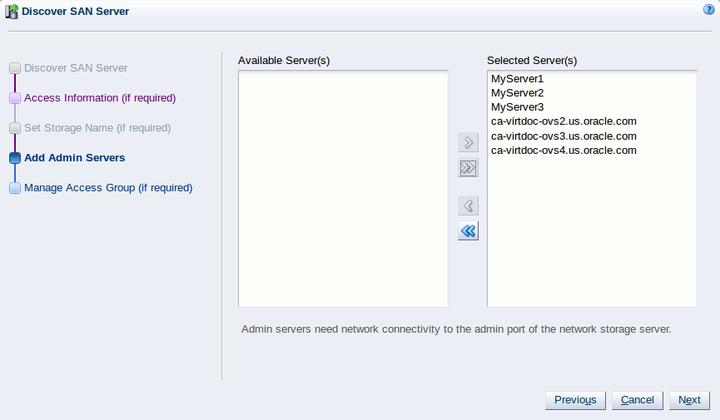 この図は、「Discover SAN Server」ウィザードの「Add Admin Servers」ステップを示しています。