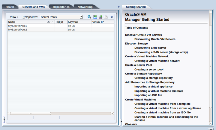 この図は、Oracle VM Manager Web Interfaceの「スタート・ガイド」タブを示しています。