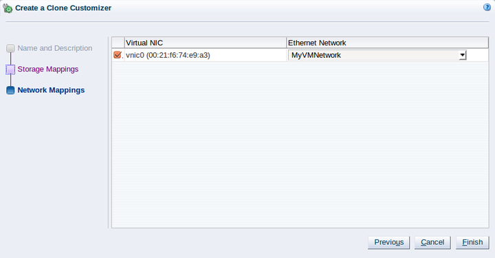 この図は、「Create a Clone Customizer」ウィザードの「Network Mappings」ステップを示しています。