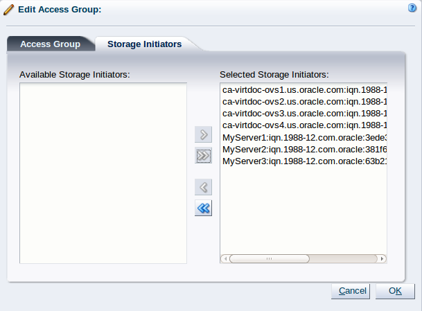 この図は、「 Edit Access Group」ダイアログ・ボックスに表示される「Storage Initiators」タブを示しています。