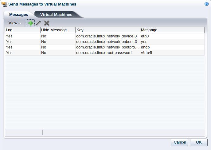 この図は、「Messages」タブが表示された「Send Messages to Virtual Machine」ダイアログ・ボックスを示しています。