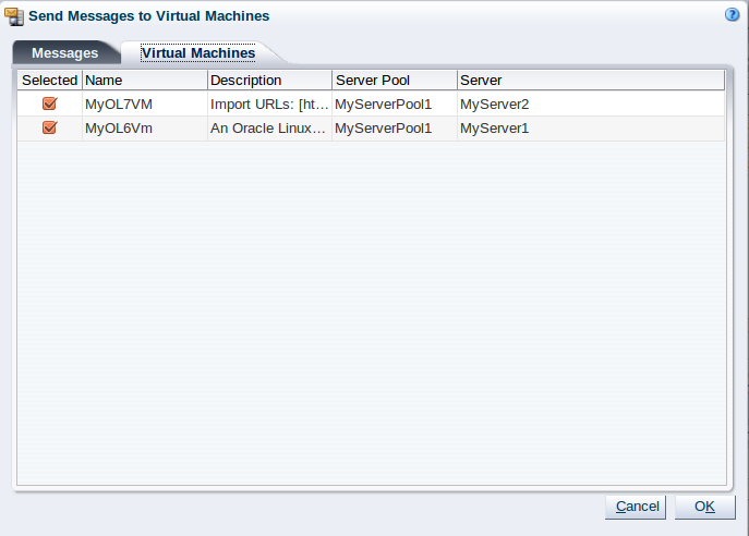 この図は、「Virtual Machines」タブが表示された「Create VM Message」ダイアログ・ボックスを示しています。