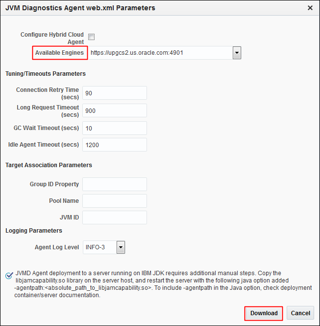 JVM Diagnostics Agent web.xml Parameters dialog box