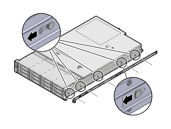 image:Graphic showing mounting bracket aligned with server chassis                             locating pins.