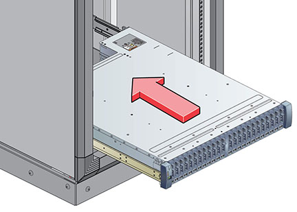 image:Graphic showing the correct way to install a disk shelf into a                             rack