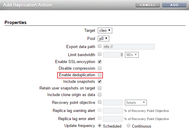 image:Image showing Dedupe property in Replication Action