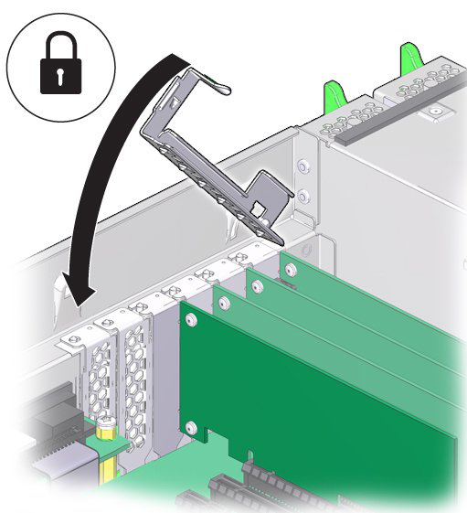 image:An illustration showing the closing of the PCIe lock                                 bar.