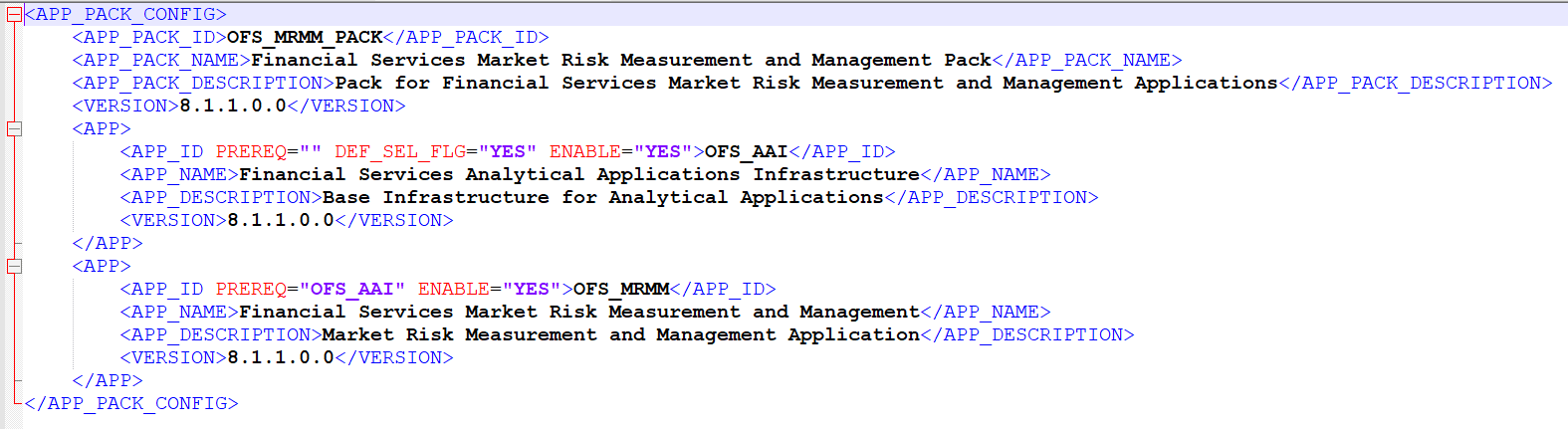 Description of Sample OFS_MRMM_PACK.xml File follows This illustration shows a sample of the OFS_MRMM_Pack.xml file.