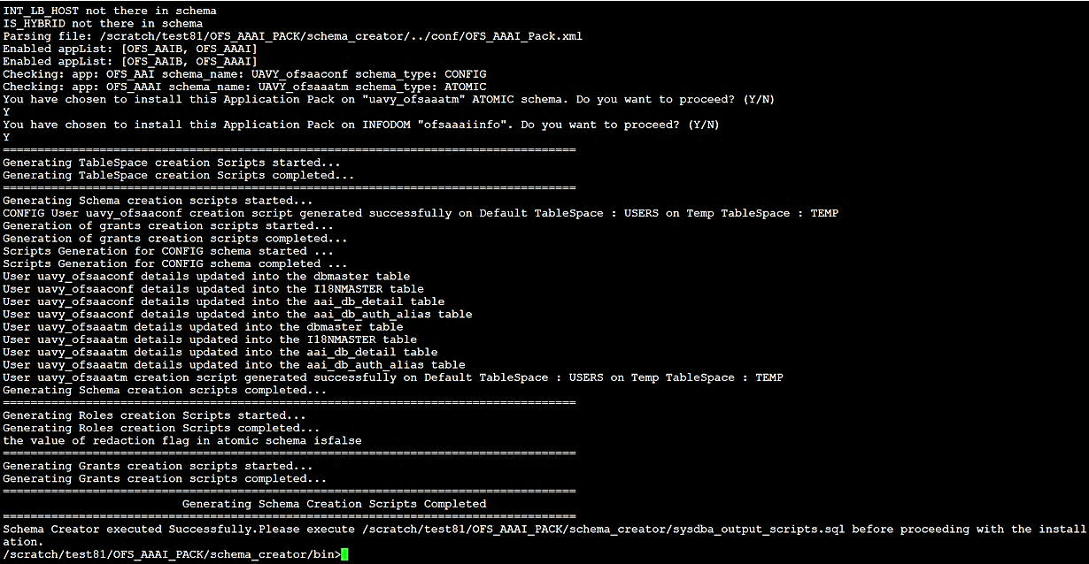 Description of Install Subsequent Applications Pack- Execute sysdba_output_scripts.sql follows This illustration shows execution of the sysdba_output_scripts.sql script during the schema creation to install subsequent applications packs.