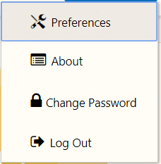 Description of the User Menu follows This illustration shows the User Menu in the OFSAA Landing Page. The menu includes Preferences, About, Change Password, and Log Out options. Description of the User Menu follows This illustration shows the User Menu in the OFSAA Landing Page. The menu includes Preferences, About, Change Password, and Log Out options.