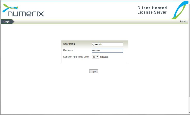 This illustration shows the Numerix Login Screen. This illustration shows the Numerix Login Screen.