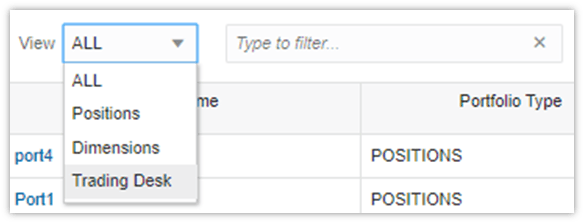 You can view portfolios defined based on Positions, Dimensions or Trading Desks using the View drop-down menu.