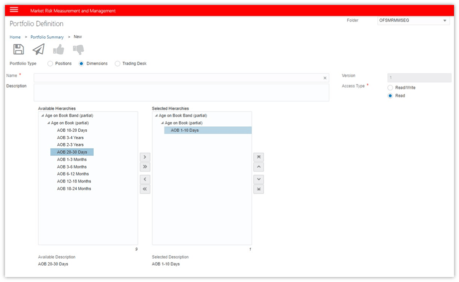 This image illustrates the Portfolio based on Dimensions window. You can select the dimensions to be added in the portfolio definition using this window.