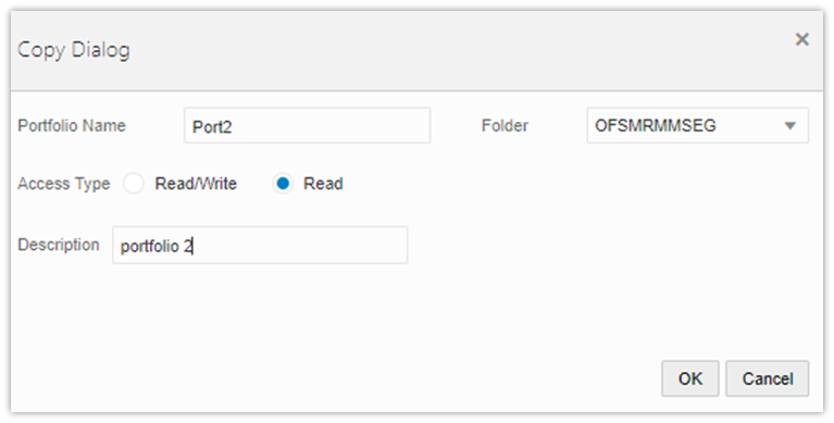 This illustration shows the Copy dialog box. You can edit the Portfolio Name and Description fields and click OK to make a copy of an existing portfolio.