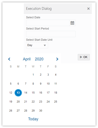 This illustration shows the RFET Execution Date Editor in the RFET window. You must select the Date and click OK.