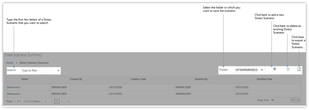 This illustration shows the stress scenario summary window, where you can view all the defined stress scenarios.