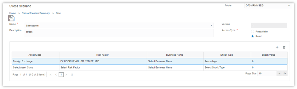 This illustration shows the Stress Scenario Definition window. You can define new stress scenarios and save them. The defined scenarios are listed in the summary page.