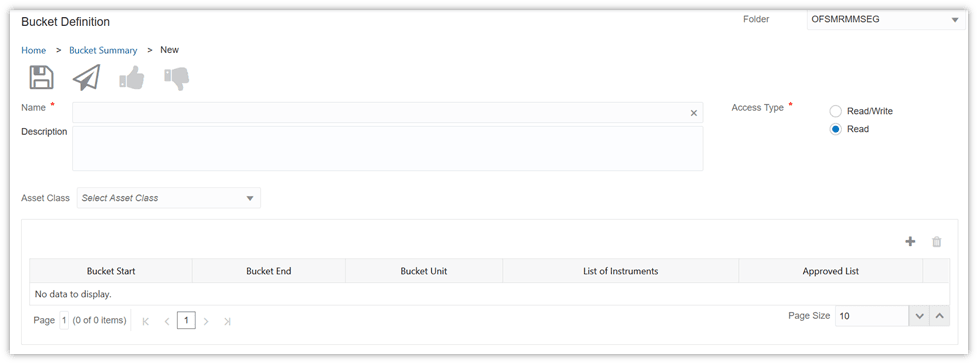 This illustration shows the Bucket Definition window. You can define new definitions and submit them for approval using this window.