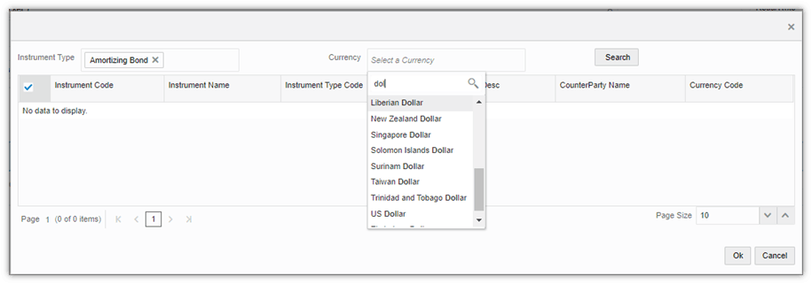 This illustration shows the window that is displayed when you click Filter icon in the Bucket Definition window. You can select the instruments to be added in the bucket definition in this window.