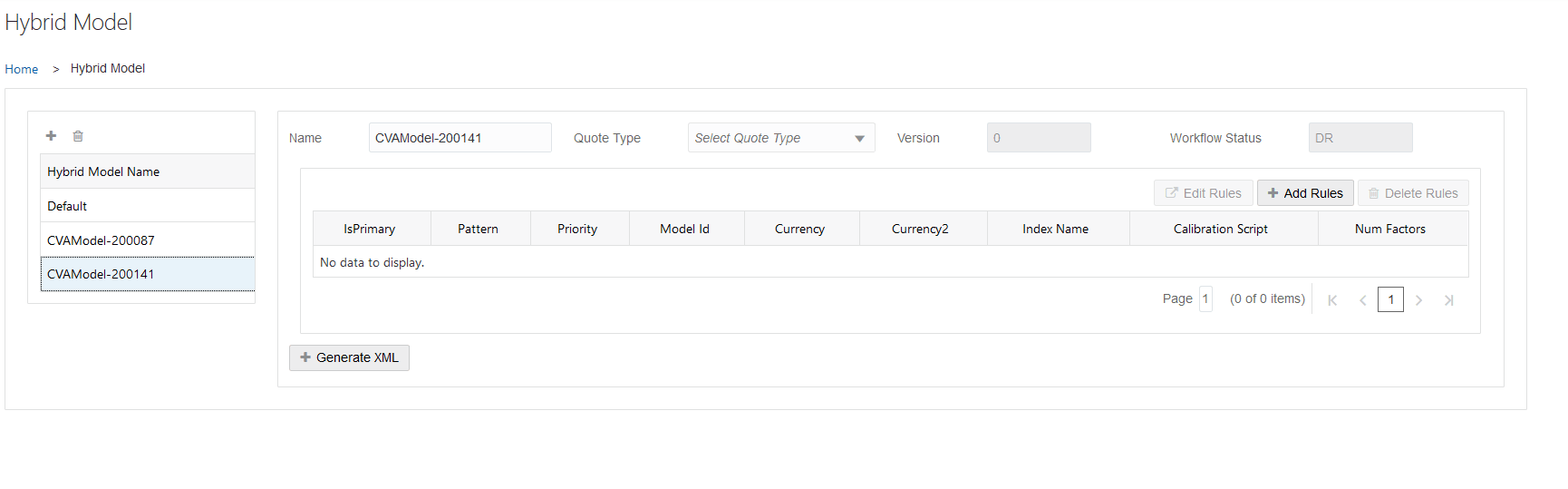 This illustration shows the Hybrid Model Definition page. You can add a new Hybrid Model or delete an existing Hybrid Model using this page.