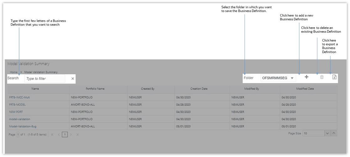 This illustration shows the Model Validation Summary window. You can view existing summaries and create new definitions using this window.