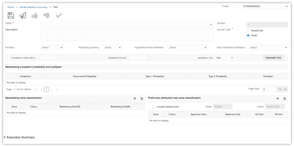 This illustration shows the Model Validation Definition window. You can define new definitions and submit them for approval using this window.