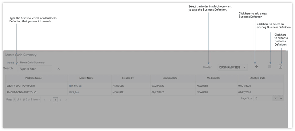 This illustration shows the Monte Carlo Summary window. You can view existing summaries and create new definitions using this window.
