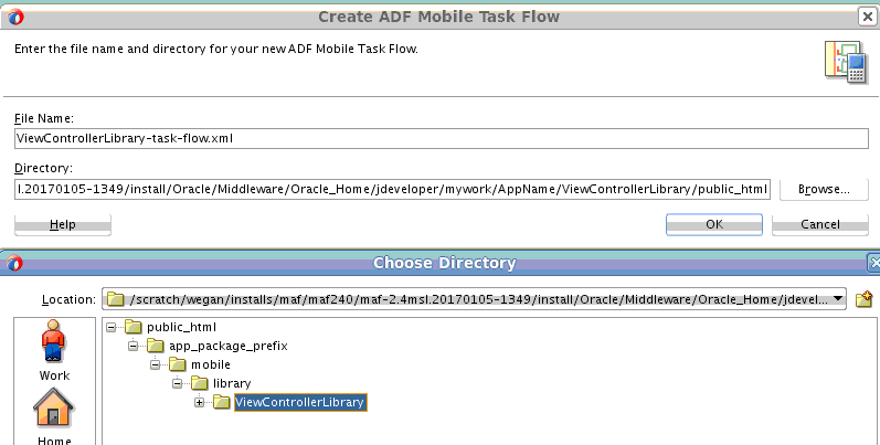 「ディレクトリの選択」ダイアログを表示します。ここでは、共有ライブラリのコンシューマに表示される場所にタスク・フローを作成するため、共有ライブラリ・ディレクトリのディレクトリを選択する必要があります。