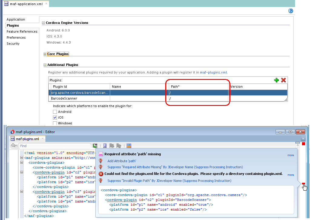 プラグインへのpath属性の値が指定されていないmaf-plugins.xmlファイルのソース・ビューを表示します。バックグラウンドには、「パス」入力フィールドに値が表示されていない概要エディタが表示されています。