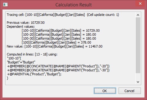 Calculation Result dialog box containing detailed information on the calculation that was executed.