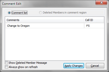 The Comment Edit dialog box, showing one comment, which can be removed.