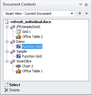 Document Contents pane with a reporting object selected. No Refresh link is available.