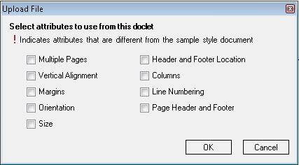 The Upload File dialog box, where users select doclet attributes to override attributes from the sample style document