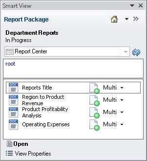 レポート・パッケージ名を表示し、それに含まれるドックレットをリストする初期レポート・パッケージ・ウィンドウ。 Operating Expensesというドックレットが選択されている 